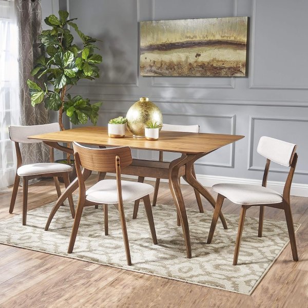 Nissie Mid-Century Wood Dining Set with Fabric Chairs, 5-Pcs Set, Natural Walnut Finish / Light Beige