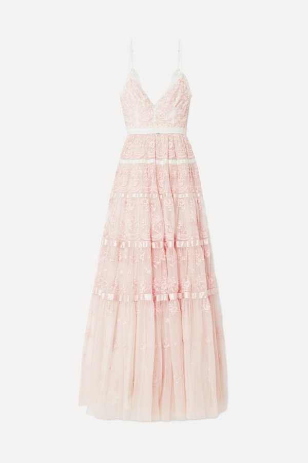 Satin-trimmed embroidered tulle gown