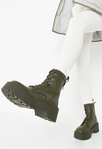 - Khaki Lace Up Chunky Sole Boots