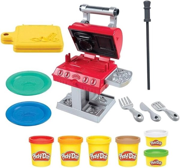 Kitchen Creations Grill 'n Stamp Playset for Kids 3 Years and Up with 6 Non-Toxic Modeling Compound Colors and 7 Barbecue Toy Accessories