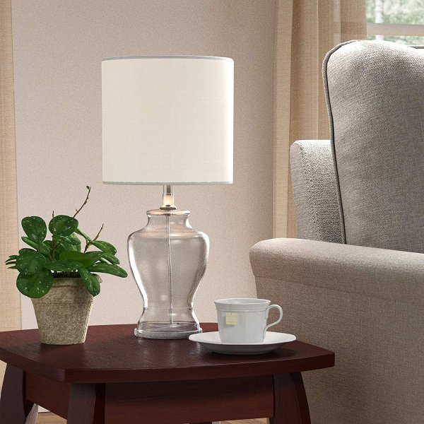 Glass Table Lamp with Drum Shade, Bulb Included, 16.5"H, Smoke Gray