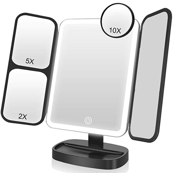 Easehold Makeup Vanity Mirror with Lights 38 LED 1X/2X/5X/10X Magnifying Soft Natural Light Ultra-Thin Stable Base Portable 180 and 90 Rotation Touch Screen Dual Power Supply (Black)