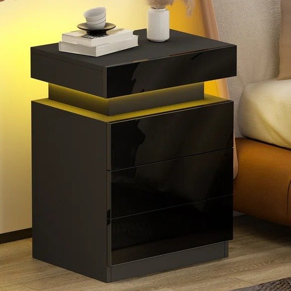 Dessirae Nightstand with LED Light, 3 Drawers & 1 Flapping Storage, Night Stand Glossy Front