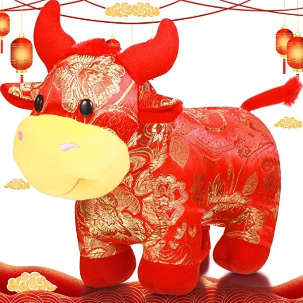 Chinese New Year Zodiac Animal Mascot Plush Cattle Ox Stuffed Handmade Soft Toys 2021 Animal Cow Mascot for Spring Festival Ornaments, 10 Inch (Gold Flower)