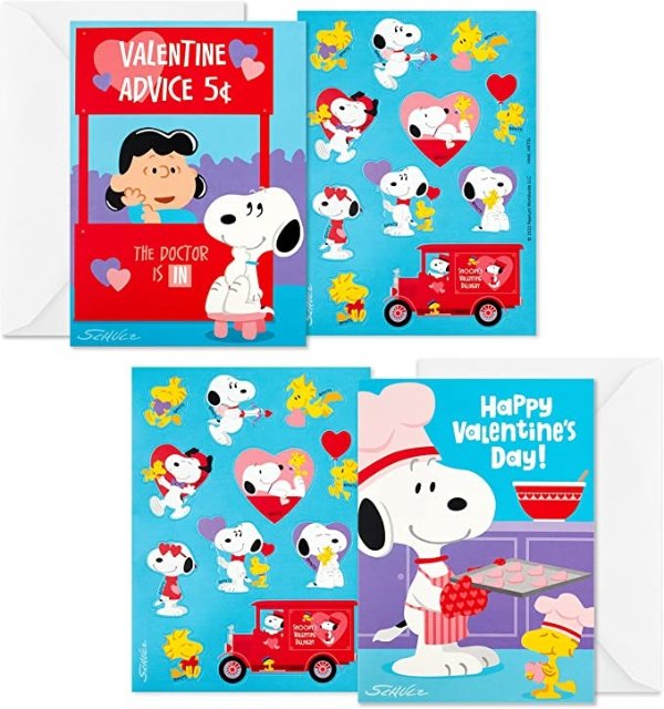 Peanuts Valentines Day Cards Assortment, Snoopy and Lucy (24 Valentine Cards, 24 Sticker Sheets and Envelopes)