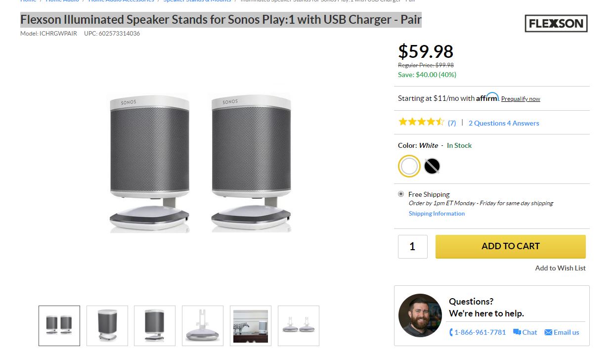 Flexson Illuminated Speaker Stands for Sonos Play:1 with USB Charger - Pair音响