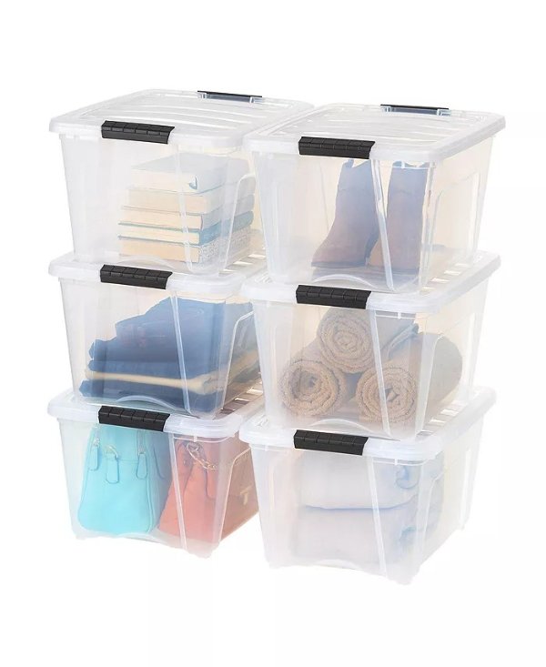 6 Pack 32qt Clear View Plastic Storage Bin with Lid and Secure Latching Buckles