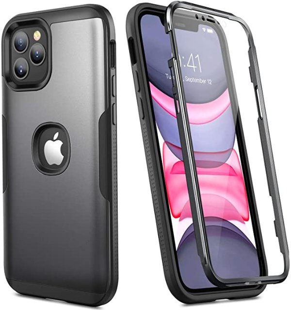 Metallic Designed for iPhone 12 Case & iPhone 12 Pro Case, Full Body Rugged with Built-in Screen Protector Slim Fit Shockproof Cover for iPhone 12/12 Pro Case 6.1 Inch (2020) - Black