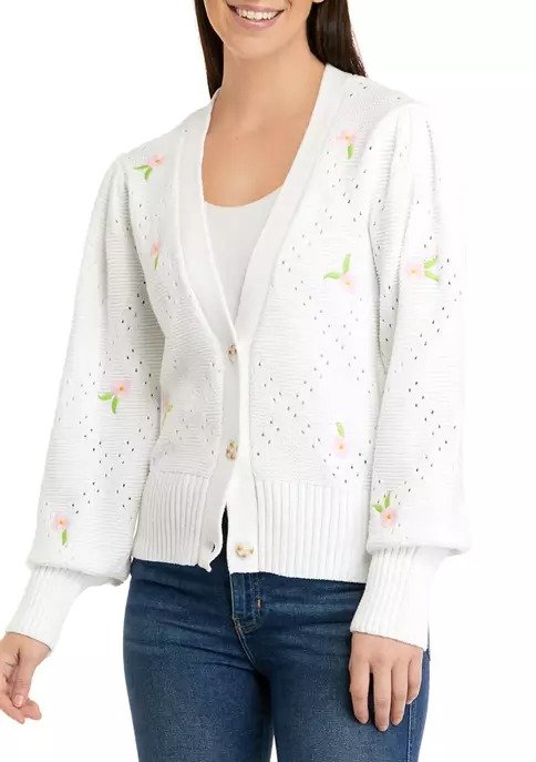 Women's Long Blouson Sleeve Embroidered Cardigan