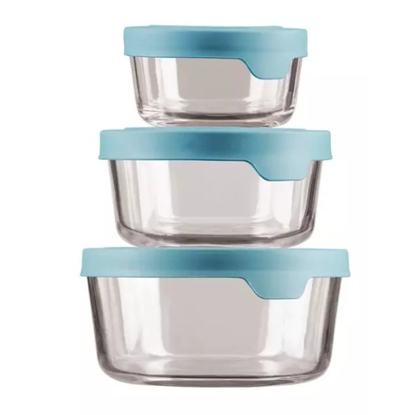 TrueSeal® Round Glass Food Storage Set with Mineral Blue Lids - Set of 3
