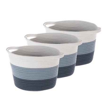 Your Zone 11.02" Round Medium Cotton Rope Soft Basket, 3 Pack, White and Blue