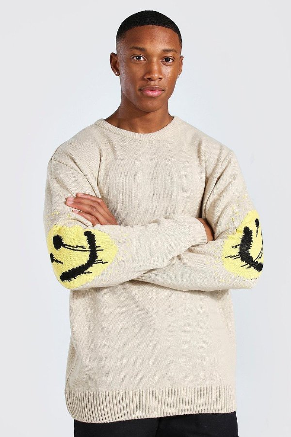 Drip Face Oversized Crew Neck Knitted Jumper | boohooMAN