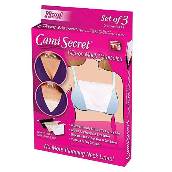 Set of 3 Clip-on Camisole, Black/Beige/White, One Size