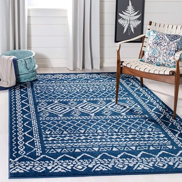 Tulum Collection TUL268N Boho Moroccan Distressed Area Rug, 3' x 5', Navy/Ivory