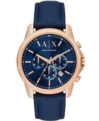 Men's Chronograph Blue Leather Strap Watch 44mm
