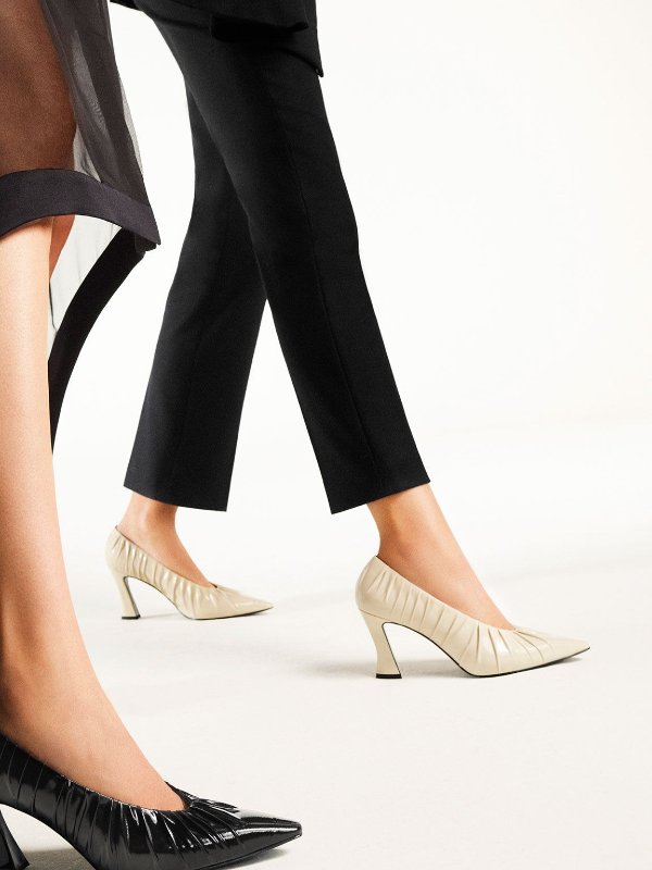Cream Patent Ruched V-Cut Pumps | CHARLES &amp; KEITH