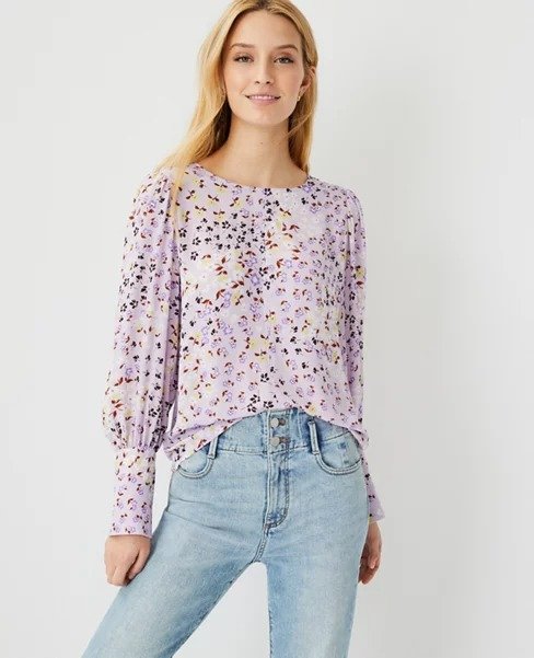 Petite Floral Mixed Media Puff Sleeve Top | Ann Taylor