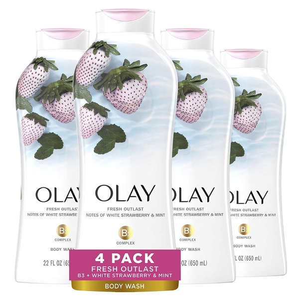 Body Wash for Women by Olay, Fresh Outlast Cooling White Strawberry & Mint Body Wash, 22 oz, (4 Count)