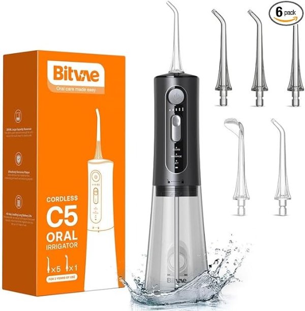 Bitvae Water Flosser for Teeth Cordless, 3 Modes & 5 Intensities Water Flossers, Oral Irrigator with 6 Jet Tips, Dental Flosser Water Jet Waterproof Available in Shower, USB Rechargeable