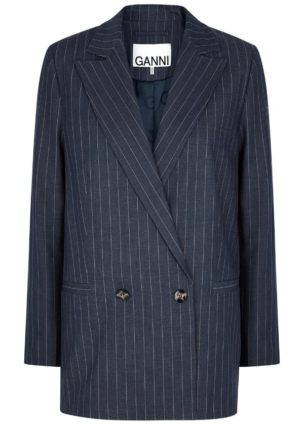 Navy pinstriped double-breasted twill blazer