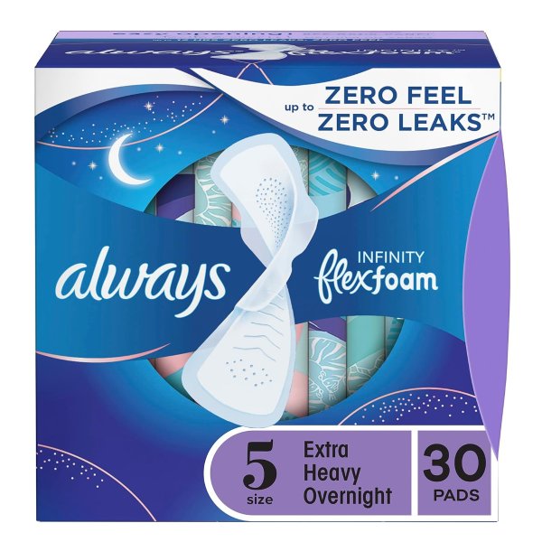 Infinity Feminine Pads for Women, Size 5 Extra Heavy Overnight, with wings, unscented, 30 Count