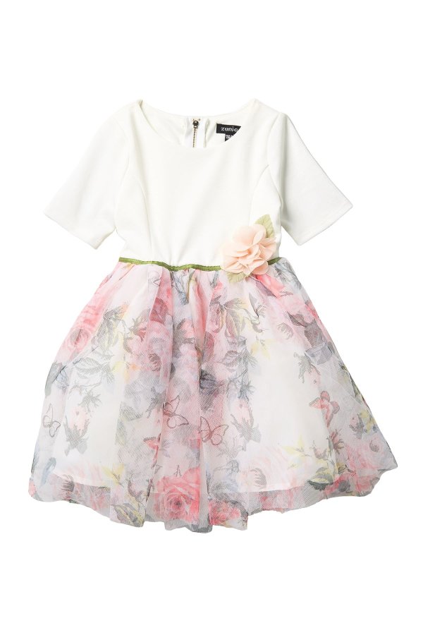 Elbow Sleeve Ponte Floral Dress (Little Girls)