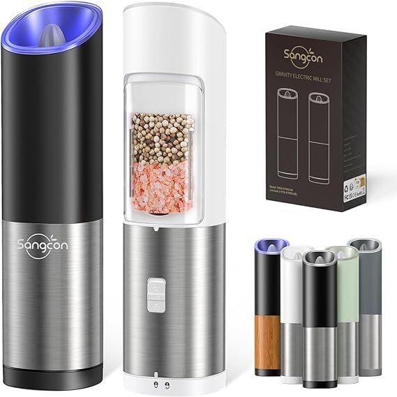 Sangcon Gravity Electric Salt and Pepper Grinder Mill Set With Safety Switch, Battery Powered
