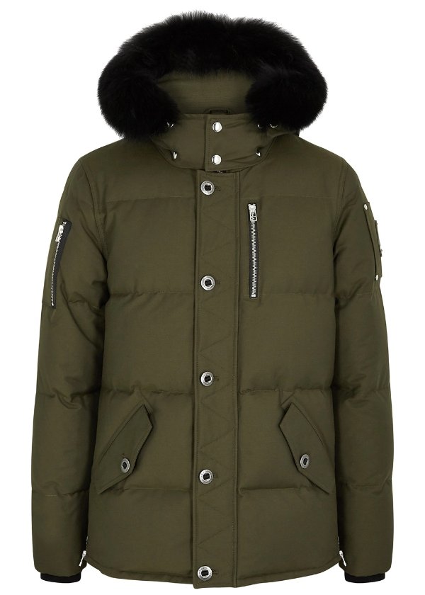 3Q army green fur-trimmed cotton-blend coat