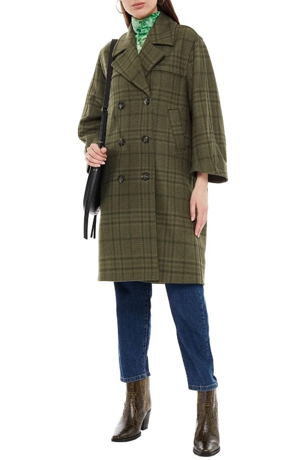 Double-breasted checked wool-blend felt coat