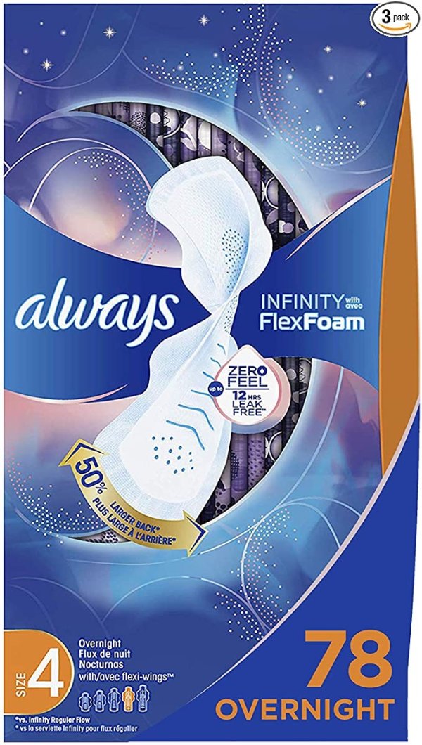 Infinity Feminine Pads for Women, Size 4, 78 Count, Overnight Absorbency, with Wings, Unscented (26 Count, Pack of 3 - 78 Count Total)