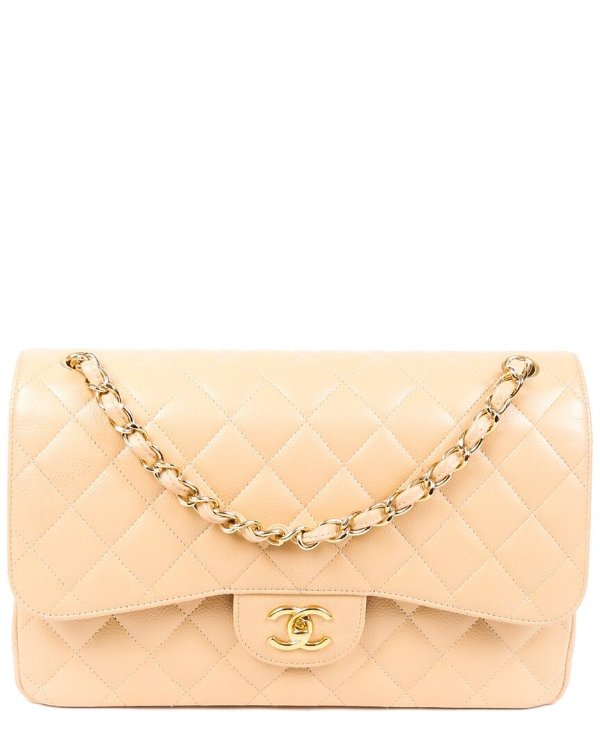 Beige Quilted Caviar Leather Jumbo Double Flap Bag