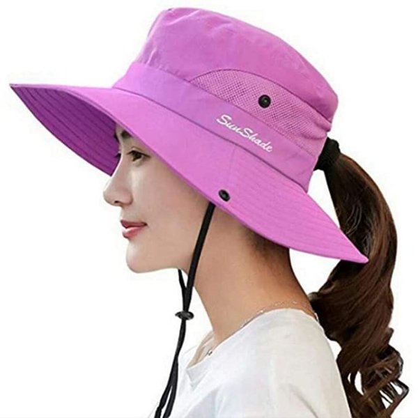 Womens UV Protection Wide Brim Sun Hats - Cooling Mesh Ponytail Hole Cap Foldable Travel Outdoor Fishing Hat