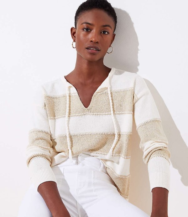 Shimmer Stripe Split Neck Sweater | LOFT