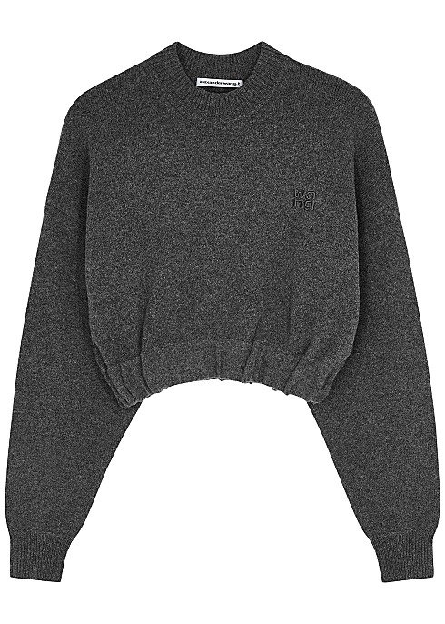 Grey cropped stretch-knit jumper
