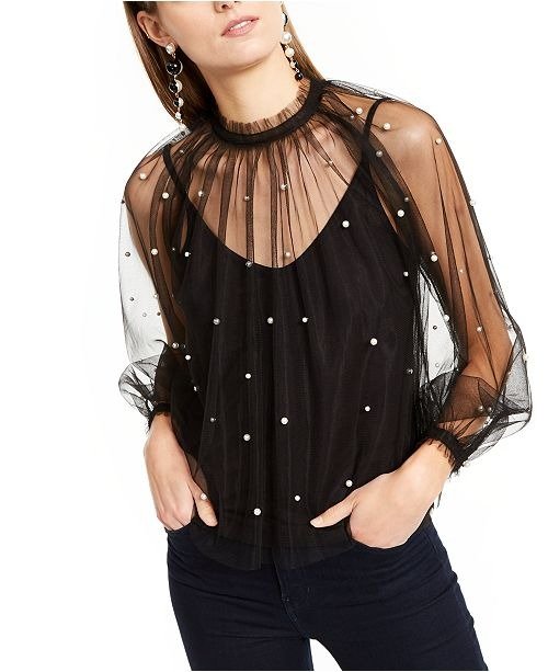 INC Embellished Tulle Mock-Neck Top, Created For Macy's