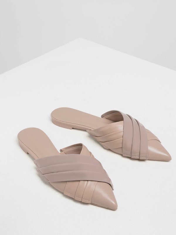 Nude Pleated Patent Flat Mules