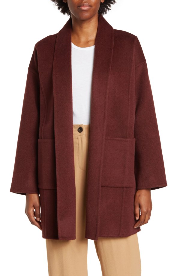 High Collar Wool Blend Open Front Coat