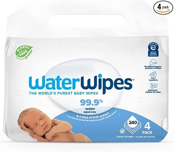Plastic-Free Original Baby Wipes, 99.9% Water Based Wipes, Unscented & Hypoallergenic for Sensitive Skin, 240 Count (4 packs), Packaging May Vary
