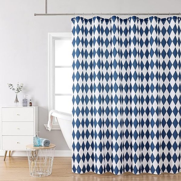 Boho Shower Curtain for Bathroom-Perfect for Bohemian, Modern or Farmhouse Bathroom Decor-Made from Premium Polyester Fabric 72" L x72 W-2 Sets of Free Hooks (12 in Each Set) (Blue White Diamonds)