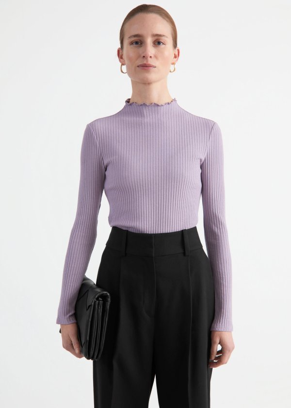 Fitted Frill Neck Rib Top
