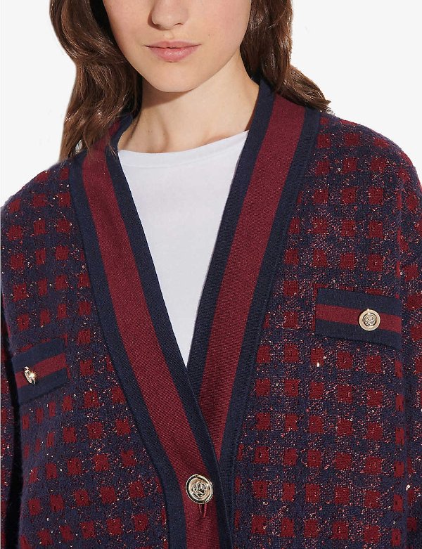 Sequin-embellished checked woven cardigan