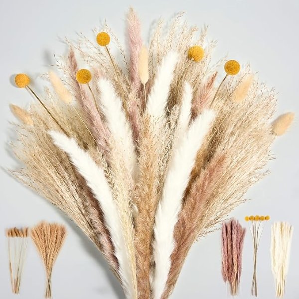 Luxclub Dried Pampas Grass Decor, 100 PCS 17 Inch Pampas Grass, Fluffy Bunny Tails Dried Flowers, Reed Grass Bouquet, Natural White Pampas for Wedding, Floor Vase Boho Flowers Home Decor Decorations