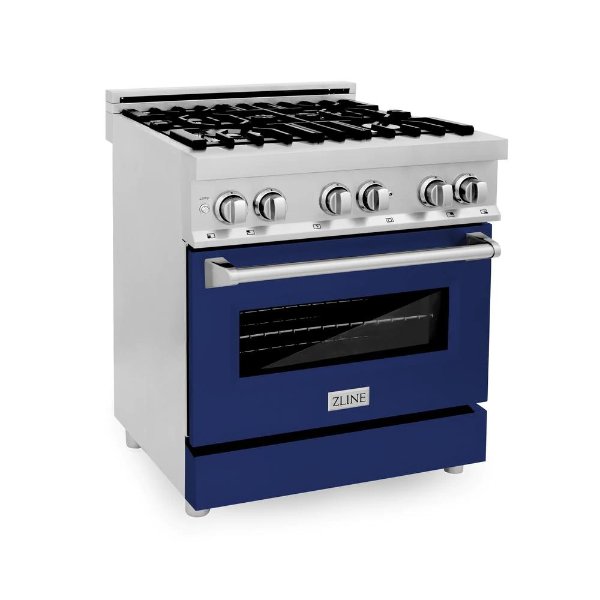 ZLINE 30" 4.0 cu. ft. Dual Fuel Range with Gas Stove and Electric Oven in Stainless Steel and Blue Gloss Door (RA-BG-30)