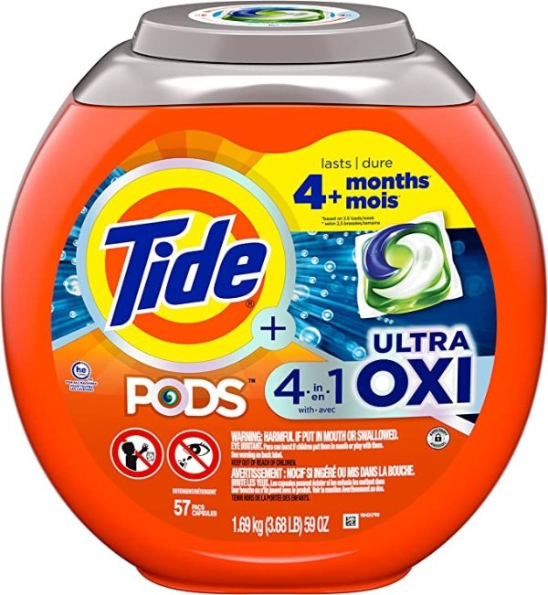 PODS Liquid Laundry Detergent Soap Pacs, 4-n-1 Ultra Oxi, HE Compatible, Built in Pre-treater for Stains, 57 Count