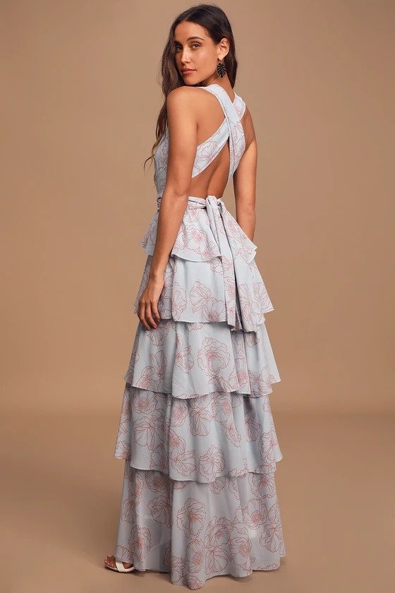 Blooming Kiss Dusty Blue Floral Print Tiered Maxi Dress