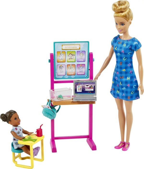 Careers Teacher Playset with Blonde Fashion Doll, 1 Toddler Doll, Furniture & Accessories