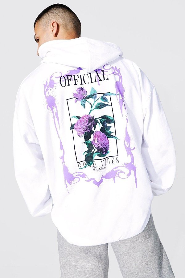 Oversized Floral Back Graphic Hoodie | BoohooMAN