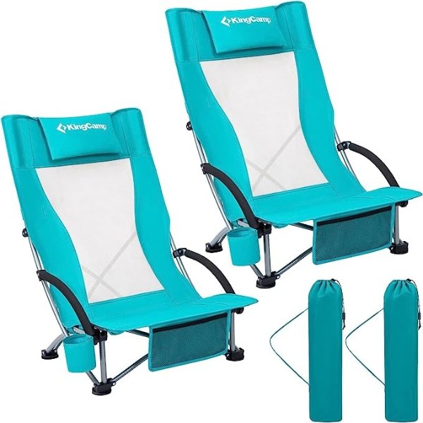 Low Sling Beach Chairs,Folding Low/High Mesh Reclining Back Low Seat Beach Chair for Adults with Headrest,Cup Holder,Carry Bag Padded Armrest for Sand Camping Lawn Concert Travel Festival