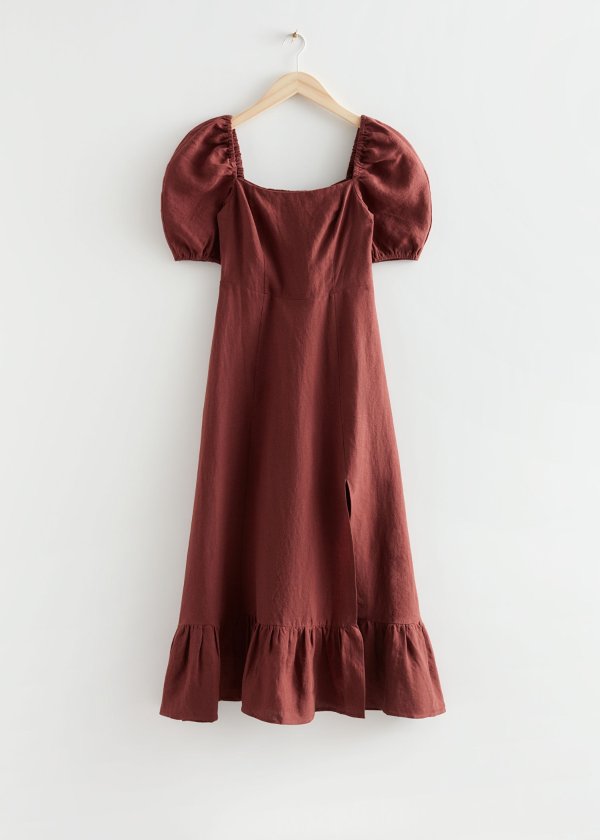 Linen Puff Sleeve Midi Dress
