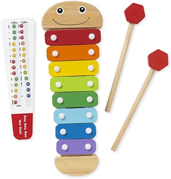 Caterpillar Xylophone, Musical Instruments, Rainbow-Colored, One Octave of Notes, Self-Storing Wooden Mallets, 18" H x 6.2" W x 2" L